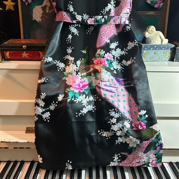 Vintage Floral Black and Pink Women's Satin Asian Robe Medium - Picture 7 of 16